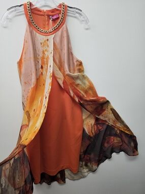 Sleeveless Orange Midi Dress with Watercolor Sheer Overlay and Chain Trim